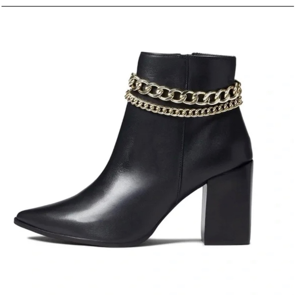 NWOT Steve Madden Perlina Black Gold Chain Detail Heeled Pointed Toe Boo… - Picture 5 of 8